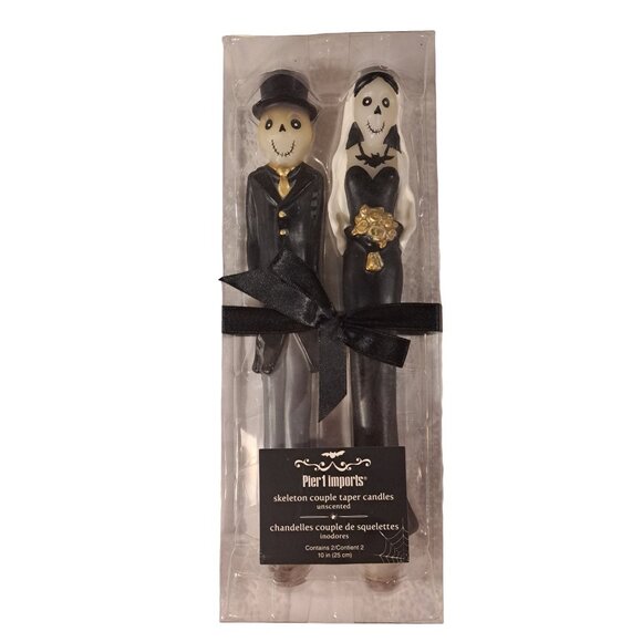 PIER 1 IMPORTS Skeleton Couple Taper Candles 10” Bride & Groom Halloween Décor - Picture 1 of 7